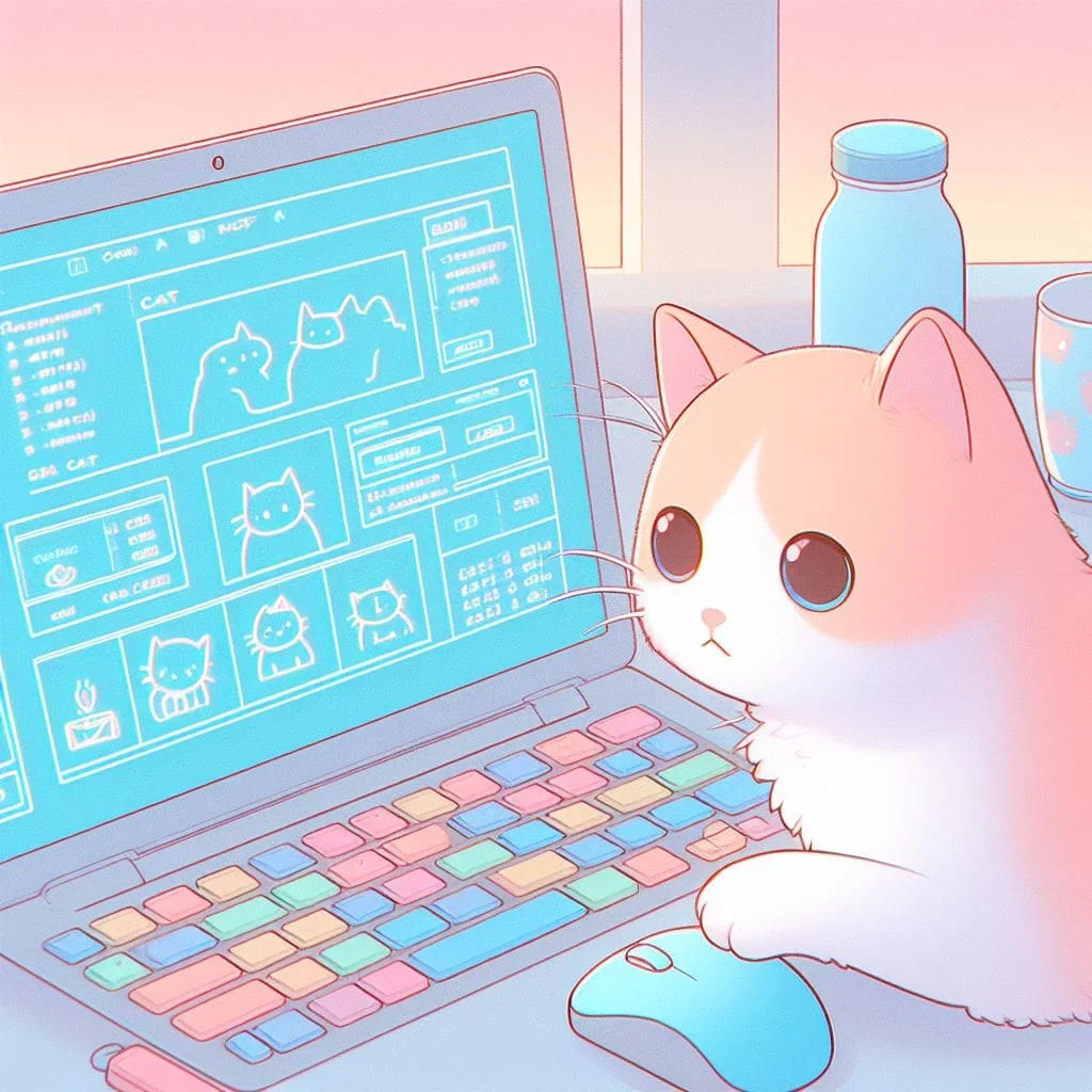 caricatura de gato blanco con naranja viendo una laptop