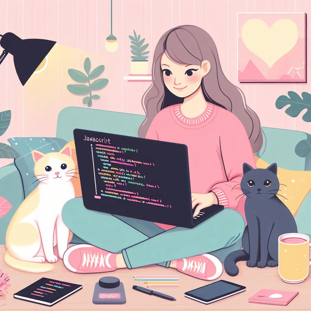 Caricatura de mujer sentada en un sofá, programando en una laptop acompañada de dos gatos